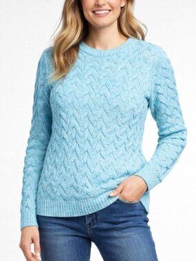 Lands End Drifter Cable-Knit Sweater Womens L/P Heathered Aqua Cotton Coastal